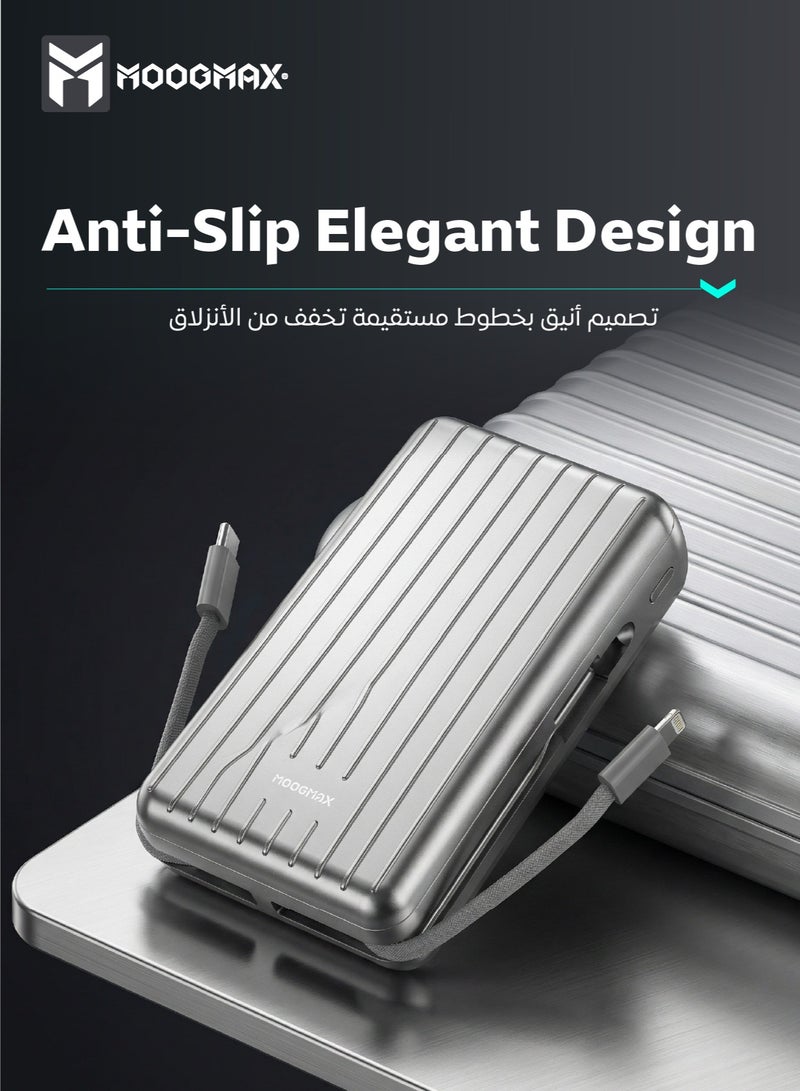 موجماكس باور بنك لاسلكي مغناطيسي من سلسلة trunk بسعة 20000mAh والجهد 22.5W فائق الشحن وكبلان مدمجان مع شحن لاسلكي بجهد 15 واط و 3 منافذ خارجية 1 Type-c و 1 Type-A ومنفذ لايتنينج(ايفون) لشحن الباوربنك. فضي - Image 5